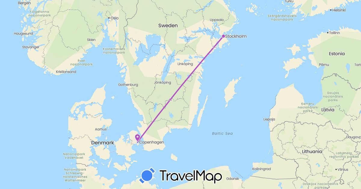 TravelMap itinerary: driving, train in Denmark, Sweden (Europe)